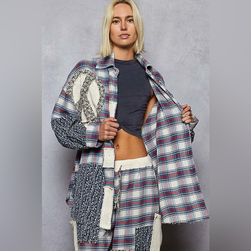 POL “ Highland Muse “ Plaid Patchwork Top
